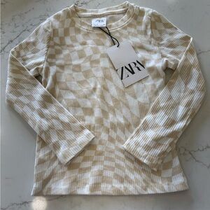 ZARA Beige and White Checkered Long Sleeve Top